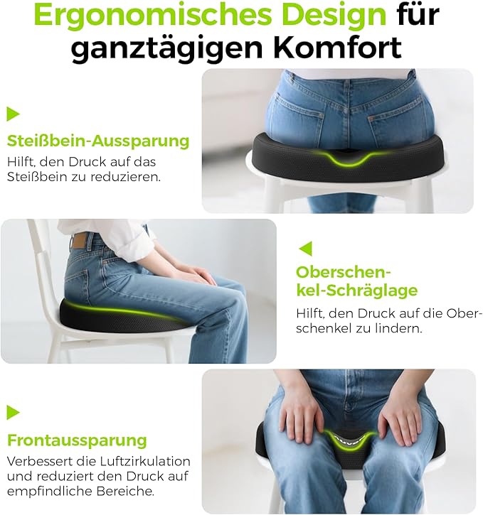 Ergonomisches Design des AUVON Kissens: Steißbein-Aussparung, Oberschenkel-Schräglage und Frontaussparung im Sitzen gezeigt
